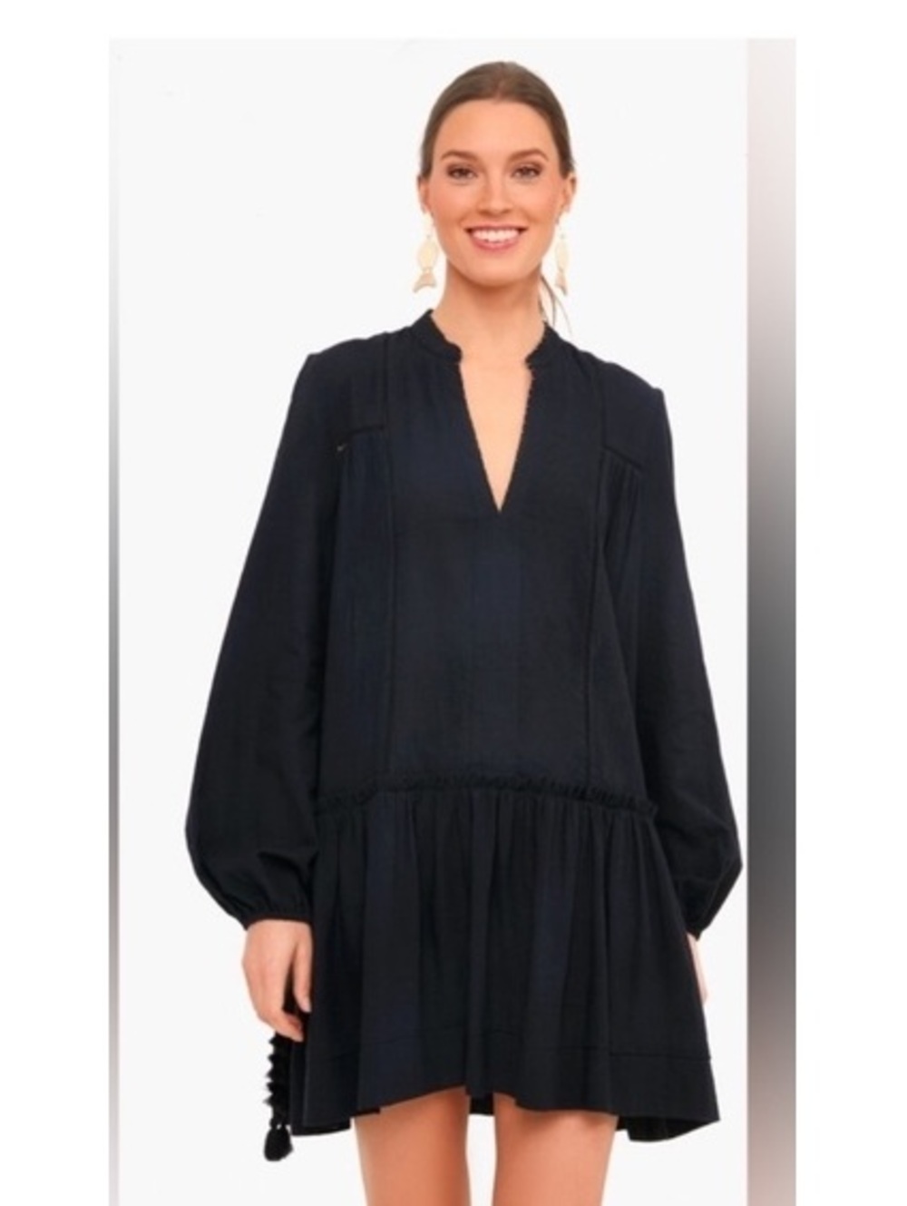 Tuckernuck Pomander Place Black Ophelia Cotton long sleeve dress beaded neck L